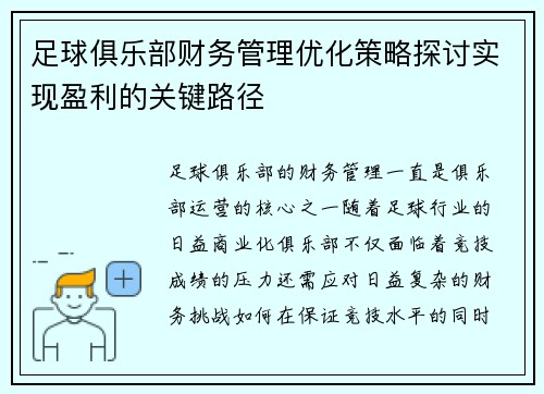 足球俱乐部财务管理优化策略探讨实现盈利的关键路径