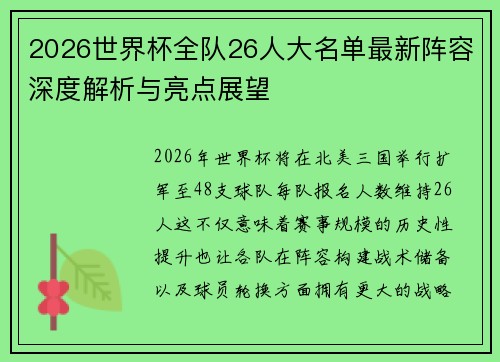 2026世界杯全队26人大名单最新阵容深度解析与亮点展望