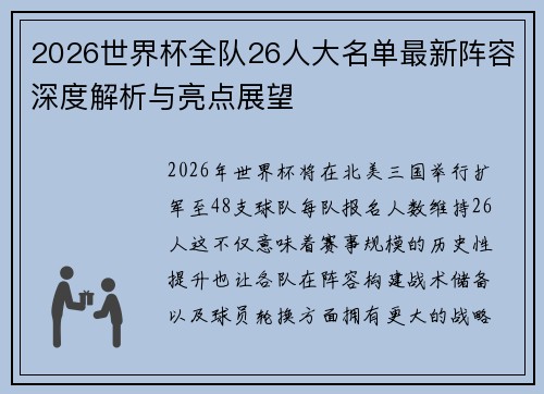 2026世界杯全队26人大名单最新阵容深度解析与亮点展望